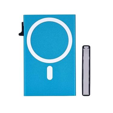 Imagem de Carteira minimalista com bloqueio de RFID, design fino de alumínio, preta, com aba de acesso rápido, organizador de cartão de crédito moderno, Azul, Moderno