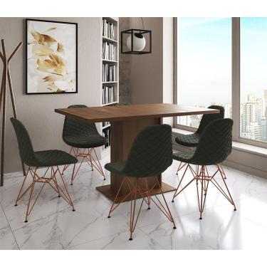 Imagem de Mesa Jantar Londres Retangular Amêndoa 137X90Cm 6 Cadeiras Estofadas Verde Base Cobre