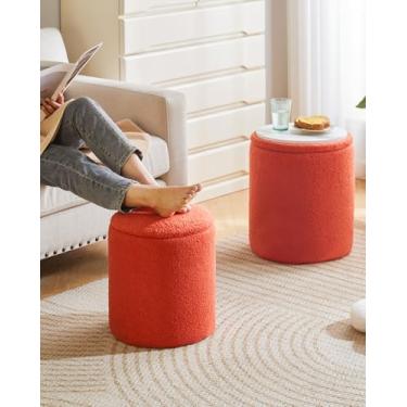 Imagem de IBUYKE Banco de veludo Teddy Vanity para maquiagem, conjunto de 2 pufes redondos com armazenamento, mesa de centro acolchoada moderna, banco multiuso para sala de estar e quarto, laranja WBD015J