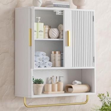 Imagem de Memobarco Suporte de parede para armário de banheiro com painel de porta de grade e prateleira ajustável, armário de remédios com divisória aberta e barra de toalha, armário de armazenamento de parede