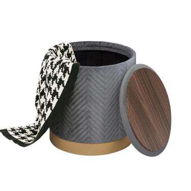 Imagem de CAIPINFUL Otomano redondo com armazenamento – apoio para os pés elegante com pernas douradas, mesa de centro para sala de estar, dormitório otomano de armazenamento, cinza