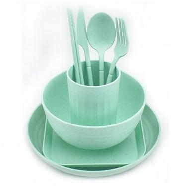 Imagem de Conjunto de 8 peças de palha de trigo, utensílios de cozinha, utensílios de mesa, pratos de jantar, tigela, xícara, prato, faca, garfo, pauzinhos, talheres (verde claro)