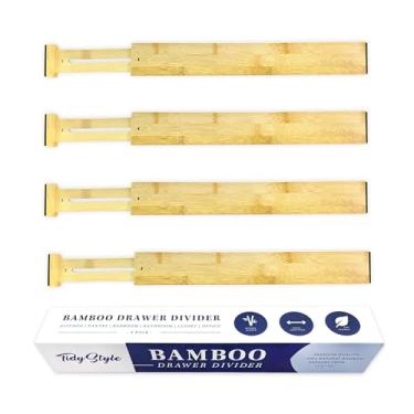 Imagem de Pacote com 4 divisórias de gaveta de bambu grandes, 5,7 cm de altura, 44,5-56 cm organizadores de gaveta expansíveis para cozinha, cômoda, banheiro, gaveta, mesa