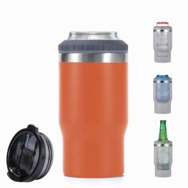 Imagem de FAMKX 14oz 4 em 1 isolador de garrafa de cerveja de aço inoxidável pode arrefecer com 2 tampas para 12oz can&bottle, Thermocooler isolado de parede dupla(laranja #)