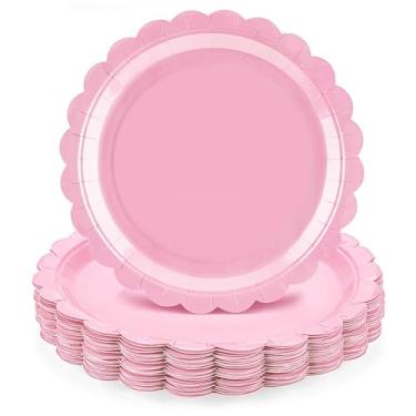 Imagem de GZTFPQ Pratos de papel rosa, pratos de papel recortado, prato descartável de bolo de sobremesa, prato de jantar, prato fofo de festa para chá de bebê, casamento, chá de panela (25 peças 7 polegadas)