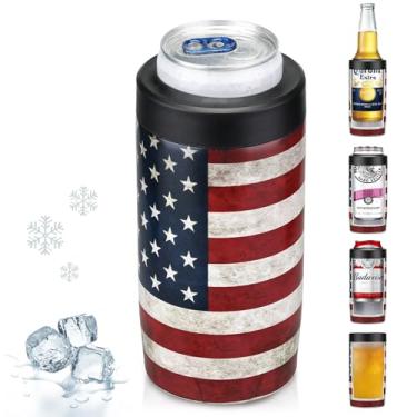 Imagem de Maxso Cooler fino para lata de cerveja 4 em 1 com parede dupla isolada de aço inoxidável, funciona com todas as latas de 355 ml, garrafas e copos de cerveja – Bandeira dos EUA