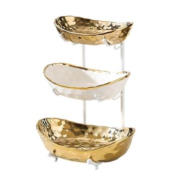 Imagem de jessie Tigela de frutas de 3 camadas para balcão de cozinha, tigela de cerâmica com suporte de metal, cesta de frutas de 3 camadas para pão de legumes, doces, salgadinhos, nozes e sobremesa (tigela