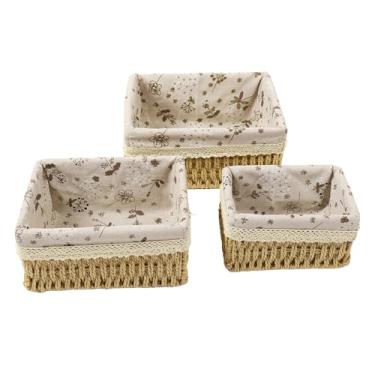 Imagem de Cestas de armazenamento tecidas à mão Caixas de armazenamento decorativas duráveis ​​portáteis multiuso para prateleiras de quarto de maquiagem organizando conjunto de 3 peças de