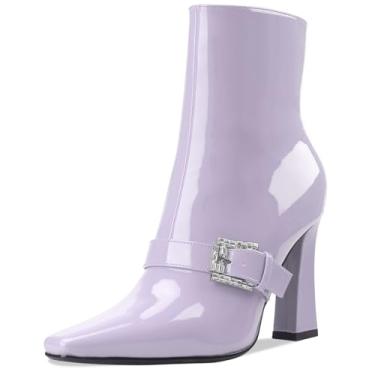 Imagem de Perisis Botas de cano curto, salto alto, grosso, preto, bico quadrado, fechado, curto, com zíper lateral, salto de 10 cm, padrão de crocodilo para mulheres e mulheres sexy, Patente roxo-claro, 37 BR