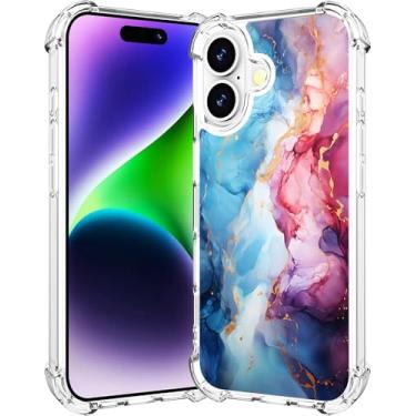 Imagem de Cisland Capa para iPhone 16 com design transparente, à prova de choque para airbag bumper - pedra mármore azul rosa