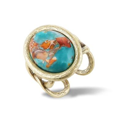 Imagem de HZMAN Anel aberto turquesa natural, estilo palácio vintage, ajustável, latão antigo, joia feita à mão para mulheres, Metal, Strass