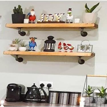 Imagem de Prateleira de tubo industrial, prateleiras de parede de tubo, prateleira de madeira, prateleiras de cozinha, prateleiras flutuantes de madeira de 91 cm para parede, prateleiras de livros de tubos de