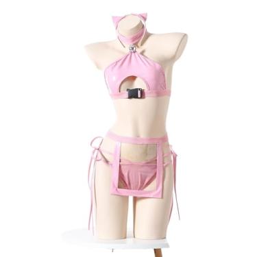 Imagem de SINROYEE Roupas de gato sexy para mulheres, conjunto de lingerie de couro, anime, roupa de diabo, cosplay, fantasia de Halloween, sutiã kawaii, calcinha gótica (rosa)