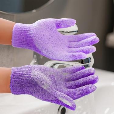 Imagem de 1 par de luvas esfoliantes para chuveiro, luvas esfoliantes de banho de nylon para banheiro, luvas esfoliantes corporais para mulheres e homens (roxo, 18 x 7 cm)