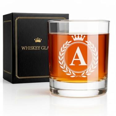Imagem de Giftissimo Copos de uísque - Pedras presentes de vidro à moda antiga para homens, monograma A-Z 290 ml copos de uísque personalizados, presentes de aniversário de Natal para homens ele pai pai marido