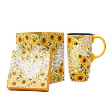 Imagem de Topadorn Caneca de cerâmica xícara de chá com latte de porcelana caneca de café com caixa de presente, 500 ml. Copo de viagem com tampa, girassóis amarelos