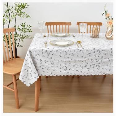 Imagem de Toalha de mesa estampada com folhas brancas – Toalha de mesa floral à prova de óleo e poliéster com revestimento de vinil, capa de mesa retangular para cozinha, sala de jantar, piquenique, decoração