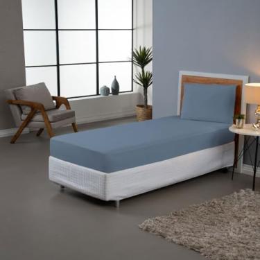 Imagem de Jogo de Lençol Solteiro, 2 Peças, Percal 180 Fios, 80% Algodão/20% Poliéster, com Elástico, Liso, 1,88m x 88cm x 30cm, Inclui Fronha 70cm x 50cm (Azul Petróleo)