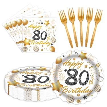 Imagem de 60 peças de decorações de aniversário de 80 anos, pratos de papel e guardanapos, garfos, utensílios de mesa de festa para homens, mulheres, decorações de festa de aniversário, serve 20
