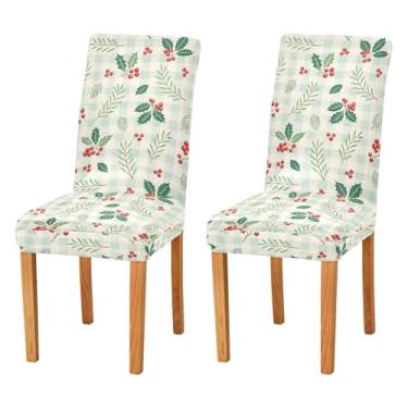 Imagem de Wassud Capas de cadeira de Natal azevinho guingão para jantar capa de cadeira elástica capa de cozinha lavável conjunto de 2 capas protetoras de assento