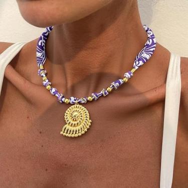 Imagem de Colar de cachecol feminino com pingente de bandana vermelho, roxo, laranja, seda, coração, sol, concha, Medium, Latão, Sem Pedra Preciosa