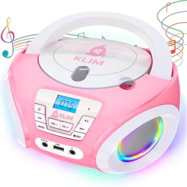 Imagem de KLIM Leitor de CD portátil Candy Kids – Nova versão Boombox com rádio FM e alto-falantes – Inclui baterias – Design rosa fofo para crianças e crianças pequenas – Rosa