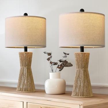 Imagem de OYEARS Candeeiros de mesa de 57 cm para sala de estar, conjunto de 2 lâmpadas boho para quartos, luminária de cabeceira para mesas-de-cabeceira, abajur de vime, abajur de mesa de fazenda para