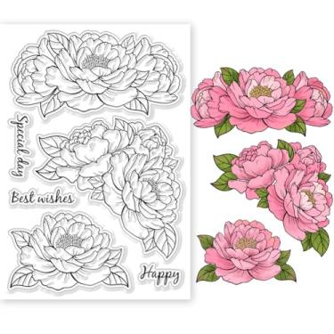 Imagem de 1 folha de carimbos transparentes de plástico PVC, estampa de peônia, carimbo de borracha transparente de silicone com tema de flores para fazer álbuns de fotos faça você mesmo, 16 x 11 x 0,3 cm