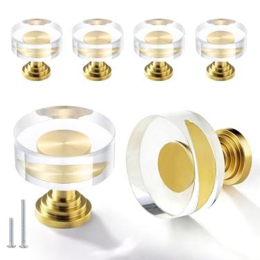 Imagem de POZEAN Puxadores de gaveta de armário de vidro cristal, pacote com 6 maçanetas de cômoda de cristal dourado, alças redondas de 3,5 cm com parafusos para armário de cozinha moderno, quarto e banheiro