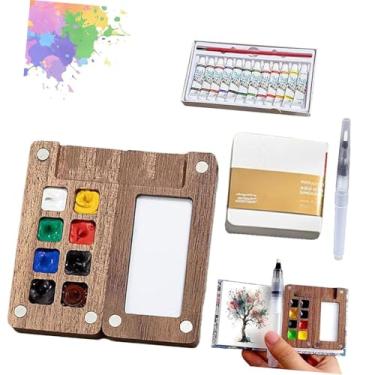 Imagem de Mini kit de viagem em aquarela com, mini kit de caderno de desenho de cor de água de madeira, para iniciantes com tintas coloridas de 12/24 (nogueira - 8 grades)