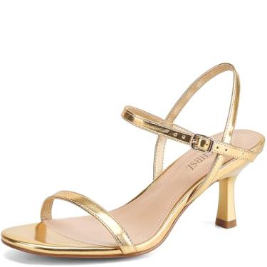 Imagem de SLXCHBSL Sandálias femininas de salto redondo, bico aberto, tiras ajustáveis, tira no tornozelo, sapatos sociais, salto gatinho para festa de casamento, Dourado, 34