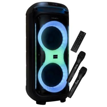 Imagem de Caixa de Som Bluetooth Portátil 300W TWS, 2 Woofers 8 Polegadas, Bateria 12V 10Ah, Tela Digital, Entradas USB e AUX com 2 Microfones sem Fio para Festas e Karaokê - Preto