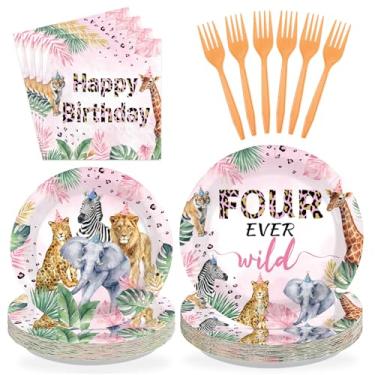 Imagem de Greencian 96 peças de artigos para festa de 4 anos, quatro pratos e guardanapos selvagens, animais selvagens, conjunto de utensílios de mesa descartáveis para crianças de 4 anos, artigos de festa de