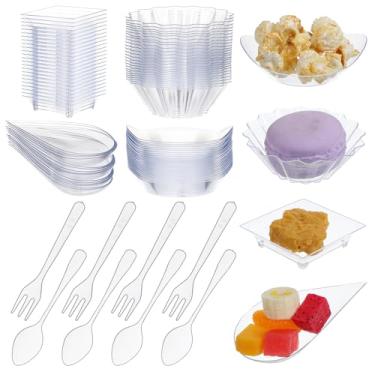 Imagem de MAQUITA 200 minipratos de aperitivo com 50 colheres, 50 garfos, 4 minipratos de sobremesa descartáveis, pequenas tigelas transparentes para aperitivos de sobremesa, lanches, artigos de festa