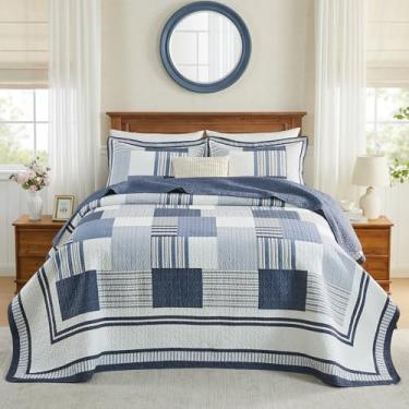 Imagem de CozyStitch Colcha King extragrande 100% algodão, 128 x 120, conjunto de colcha extragrande extragrande, Farmhouse Coastal, edredom leve de patchwork geométrico, 3 peças, azul/cinza/branco