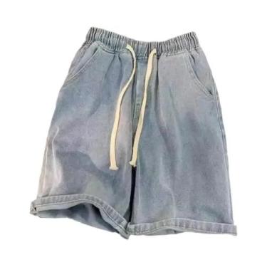 Imagem de Shorts jeans elástico masculino cintura elástica cordão verão fino sol