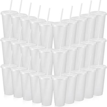 Imagem de Honeydak Pacote com 60 copos com canudo e tampa Garrafa de água a granel Café Gelado Caneca de Viagem Copos de Plástico Reutilizáveis para Festa Aniversários 680.4-765.4 g (Transparente)