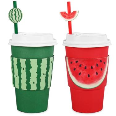 Imagem de FYSUIMU Conjunto de 50 xícaras de café descartáveis de melancia com tampas, canudos, vermelho, verde, verão, frutas doces, copos de papel para chá de bebê, artigos de festa de aniversário, 473 g