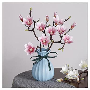 Imagem de CZCZC Flores artificiais, decoração de sala de estar, decoração de magnólia, flores falsas, quarto, mesa de jantar, decoração de loja, vaso de cerâmica, flores falsas