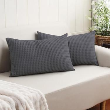 Imagem de Capas de almofada lombar 100% algodão egípcio 600 fios, tecido waffle, pacote com 2, capas de almofada retangulares ultra macias e respiráveis, capas decorativas para cama, sofá, carro, cinza escuro