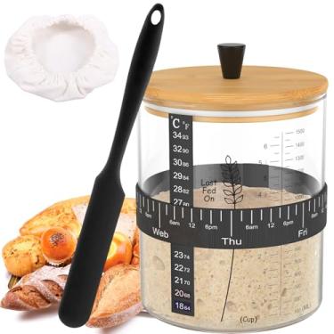 Imagem de Kit de pote para iniciantes Sourdough, 1,5 g/1500 ml, kit iniciante reutilizável de massa fermentada com tampa de bambu, termômetro, capa de pano, raspador de silicone, régua de tâmara, suprimentos