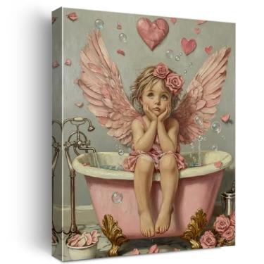 Imagem de Nurawo Arte de parede de banheiro vintage Cupido Dia dos Namorados, linda imagem de cupido na banheira, impressão em tela, pintura de pôster emoldurado para decoração de parede de casa de banho 20 x