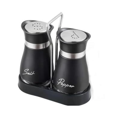 Imagem de Conjunto de saleiro e pimenteiro com suporte, saleiro inferior de 120 ml com tampa de aço inoxidável para utensílios de cozinha, mesa de cozinha, presente de inauguração de casa, decoração de Natal