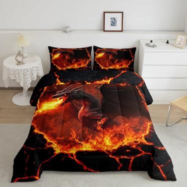 Imagem de Manfei Conjunto de edredom Queen com dragão preto, chama vermelha, erupção vulcânica, estampa 3D, para adolescentes e adultos, dragão desastre natural, animal místico, edredom de plumas, 3 peças, 2