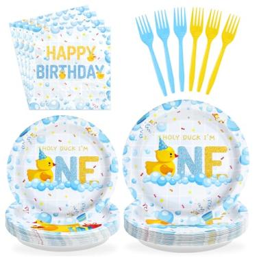 Imagem de Conjunto de pratos e guardanapos de banho de espuma de pato para 1º aniversário de pato decoração de patos e guardanapos para meninos e meninas de 1 ano de idade, suprimentos de festa para chá de bebê
