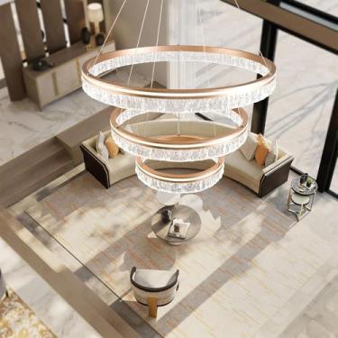 Imagem de Lustre LED moderno, dimerizável de 3000K a 6500K, design em anel, montagem no teto com altura ajustável, elegante luminária pendente em acrílico para sala de jantar, sala de estar e cozinha