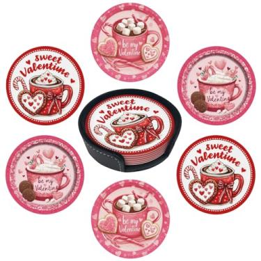 Imagem de sunwarshile Porta-copos para bebidas com suporte de porta-copos de couro redondo conjunto de 6 xícaras canecas tapete para bar de cozinha doméstica (coração)