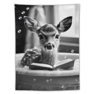 Imagem de Tapeçaria de leitura de cervo bebê na banheira preto branco bolhas cena adorável arte animal pendurar na parede decoração de casa caprichosa para banheiro, sala de estar, ambiente lúdico, tapeçaria