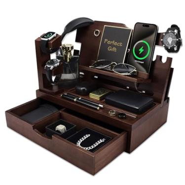 Imagem de KWYADLUO Organizador de mesa de cabeceira masculino com gaveta grande, base de madeira para telefone, Apple Watch, carteira e chaves, para pai marido, organizador de mesa de cabeceira (expresso)