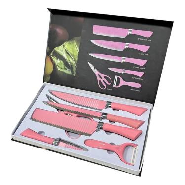 Imagem de 2X Jogo Faca Rosa Cozinha Churrasco 6 Peças Tesoura E Ralado